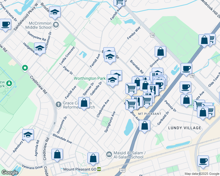 map of restaurants, bars, coffee shops, grocery stores, and more near Worthington Avenue in Brampton