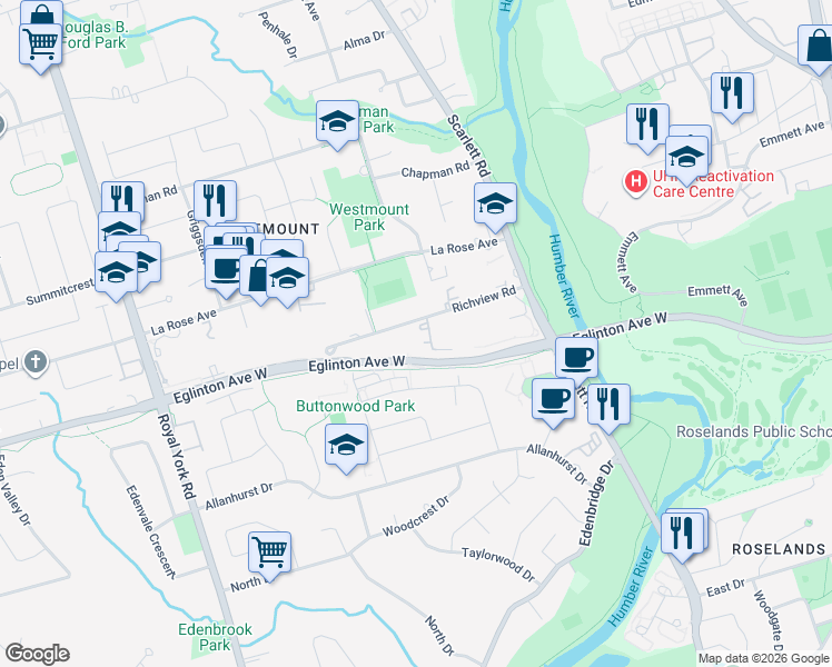 map of restaurants, bars, coffee shops, grocery stores, and more near 408-61 Richview Road in Toronto