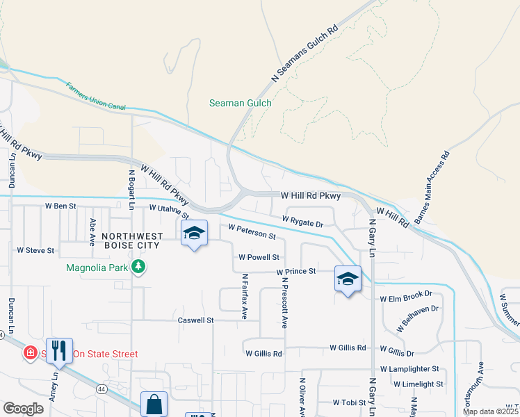 map of restaurants, bars, coffee shops, grocery stores, and more near 7962 West Rygate Court in Boise