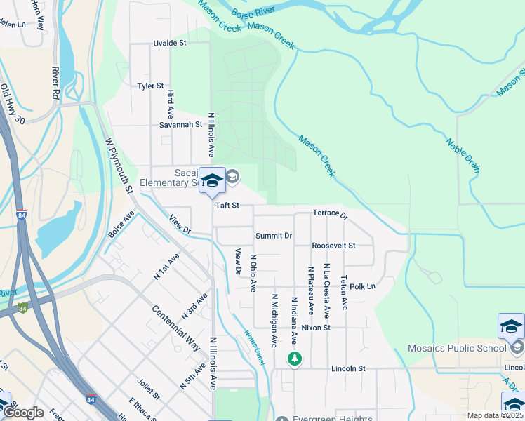 map of restaurants, bars, coffee shops, grocery stores, and more near 2007 Terrace Drive in Caldwell