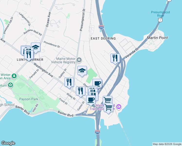 map of restaurants, bars, coffee shops, grocery stores, and more near 50 Hodgins Street in Portland