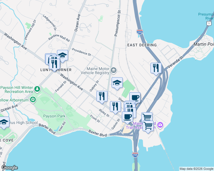 map of restaurants, bars, coffee shops, grocery stores, and more near 69 Presumpscot Street in Portland