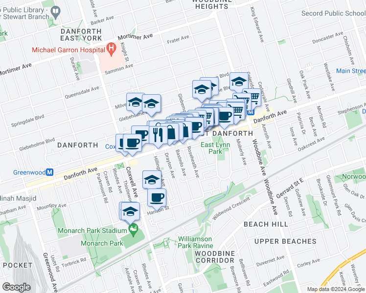 map of restaurants, bars, coffee shops, grocery stores, and more near 1776 Danforth Avenue in Toronto