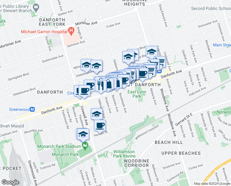 map of restaurants, bars, coffee shops, grocery stores, and more near in Toronto