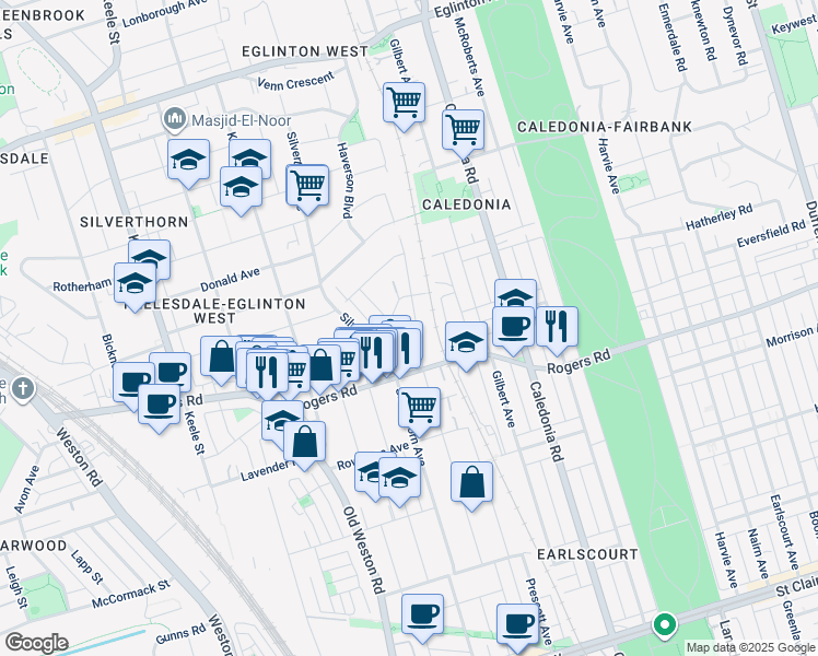 map of restaurants, bars, coffee shops, grocery stores, and more near in Toronto