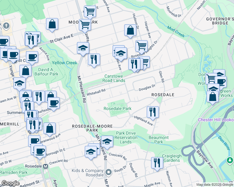 map of restaurants, bars, coffee shops, grocery stores, and more near 80 Douglas Drive in Toronto