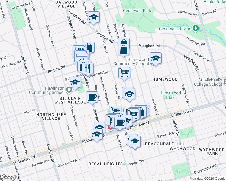 map of restaurants, bars, coffee shops, grocery stores, and more near 30 Falwyn Avenue in Toronto