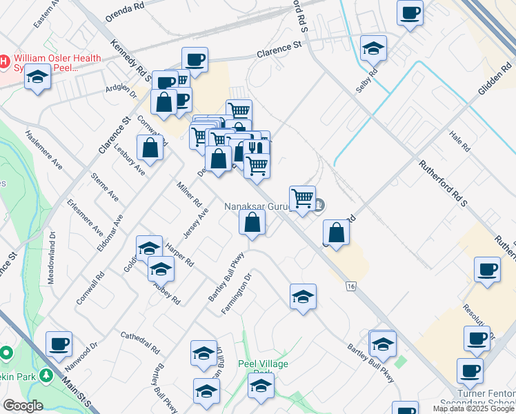 map of restaurants, bars, coffee shops, grocery stores, and more near 30 Tullamore Road in Brampton