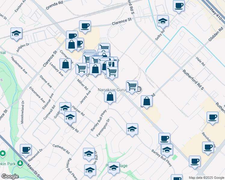 map of restaurants, bars, coffee shops, grocery stores, and more near 30 Tullamore Road in Brampton