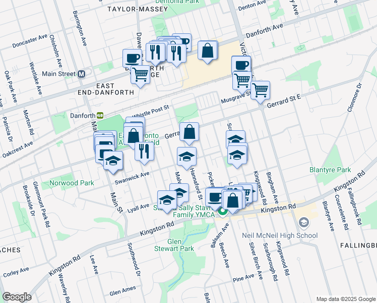 map of restaurants, bars, coffee shops, grocery stores, and more near 107 Hannaford Street in Toronto
