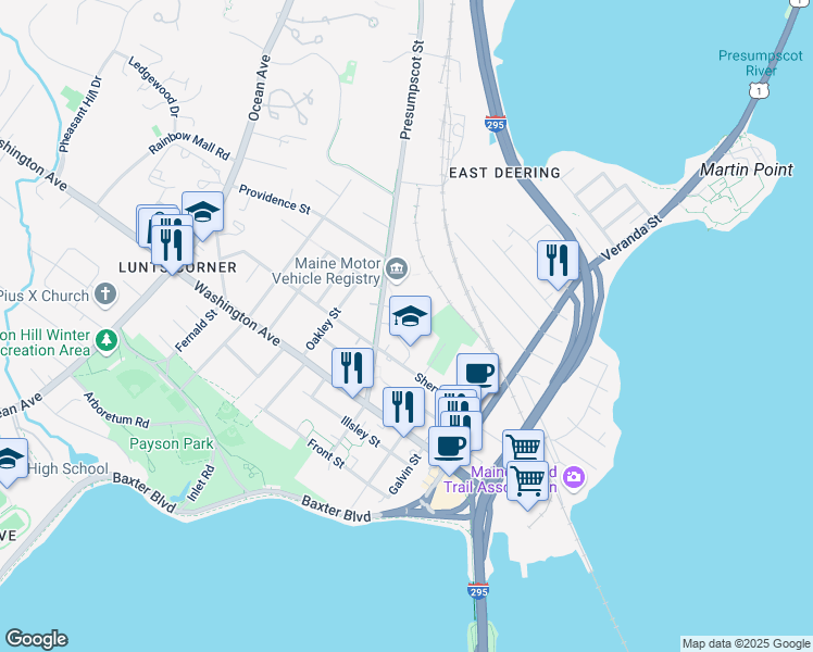 map of restaurants, bars, coffee shops, grocery stores, and more near 69 Presumpscot Street in Portland