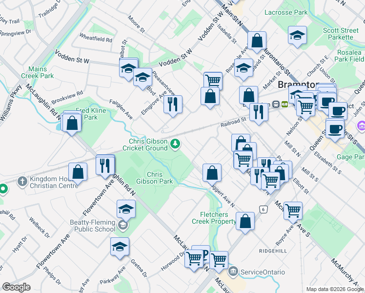 map of restaurants, bars, coffee shops, grocery stores, and more near 120 Railroad Street in Brampton