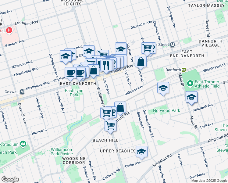 map of restaurants, bars, coffee shops, grocery stores, and more near 16 Cedarvale Avenue in Toronto