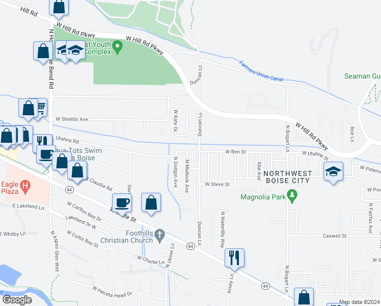 map of restaurants, bars, coffee shops, grocery stores, and more near 7834 North Matlock Avenue in Boise