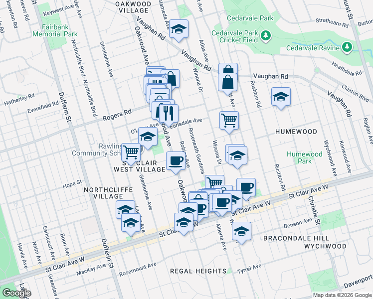 map of restaurants, bars, coffee shops, grocery stores, and more near 127 Robina Avenue in Toronto