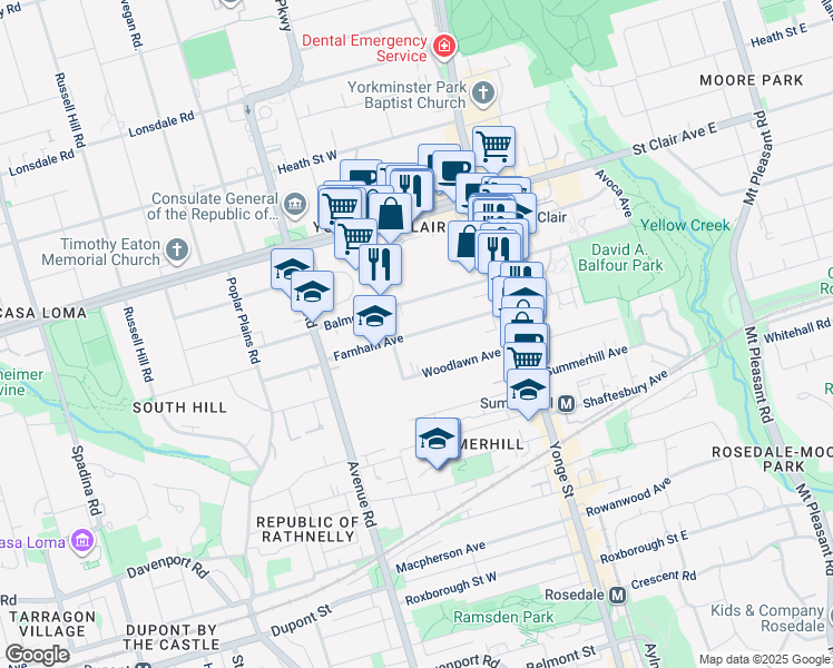 map of restaurants, bars, coffee shops, grocery stores, and more near Farnham Avenue in Toronto