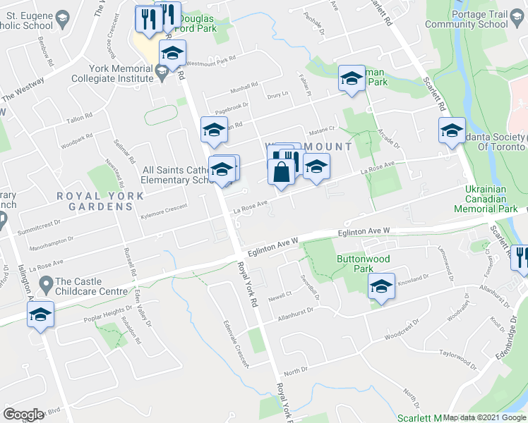 map of restaurants, bars, coffee shops, grocery stores, and more near 165 La Rose Avenue in Toronto