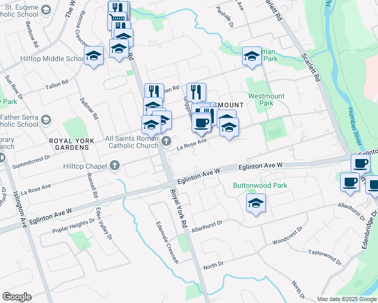 map of restaurants, bars, coffee shops, grocery stores, and more near 165 La Rose Avenue in Toronto