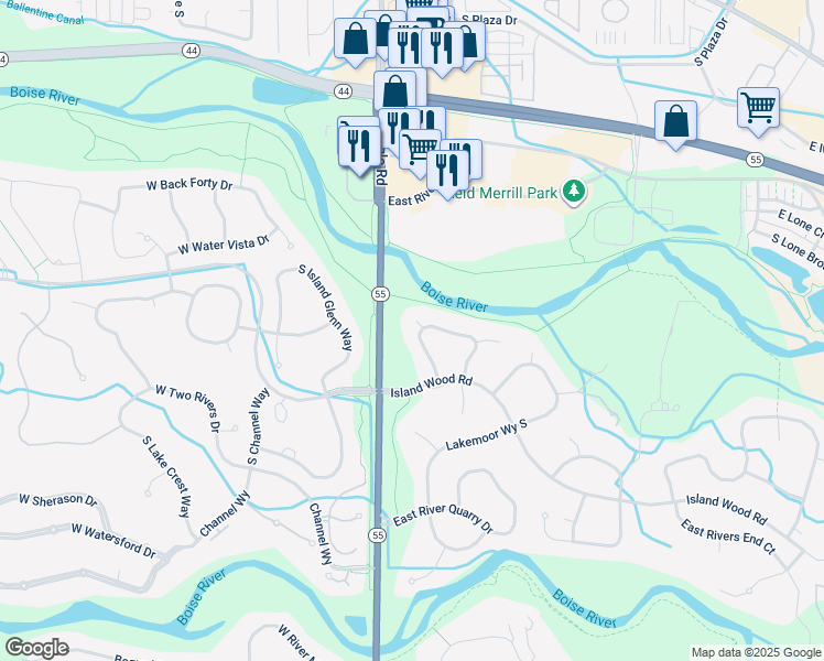 map of restaurants, bars, coffee shops, grocery stores, and more near 1145 South River Flow Way in Eagle