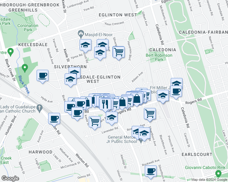 map of restaurants, bars, coffee shops, grocery stores, and more near Aileen Avenue in Toronto