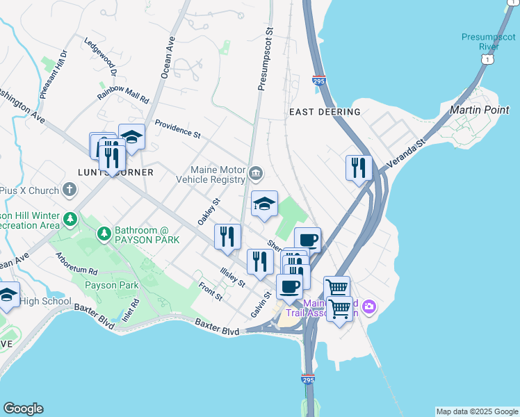 map of restaurants, bars, coffee shops, grocery stores, and more near 69 Presumpscot Street in Portland