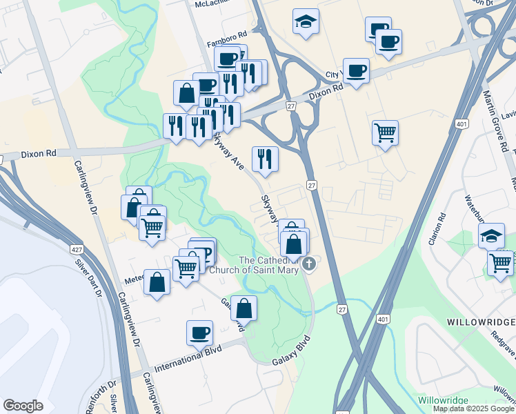 map of restaurants, bars, coffee shops, grocery stores, and more near 100 Skyway Avenue in Toronto
