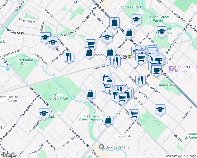 map of restaurants, bars, coffee shops, grocery stores, and more near in Brampton