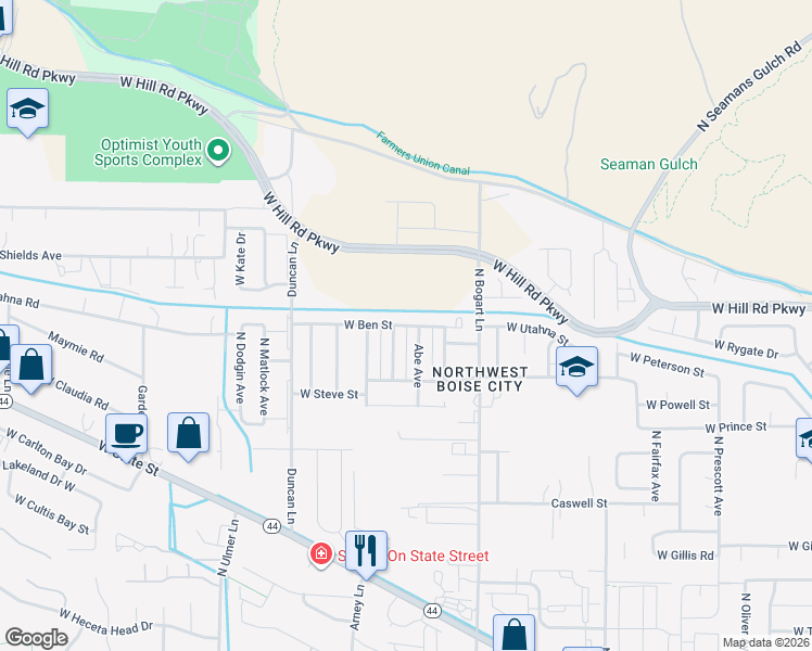 map of restaurants, bars, coffee shops, grocery stores, and more near 8870 West Ben Street in Garden City