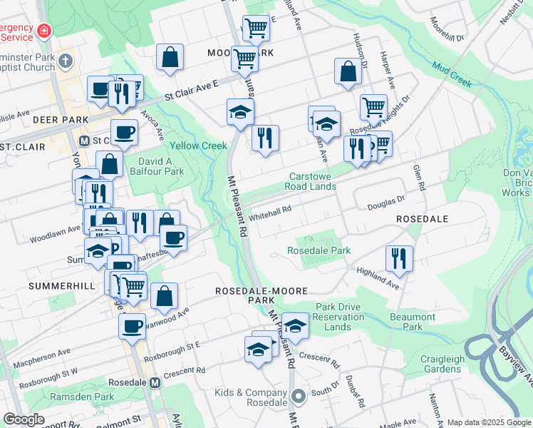 map of restaurants, bars, coffee shops, grocery stores, and more near 30 Whitehall Road in Toronto