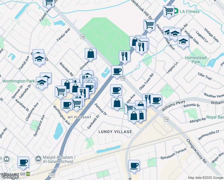 map of restaurants, bars, coffee shops, grocery stores, and more near 51 Summerdale Crescent in Brampton