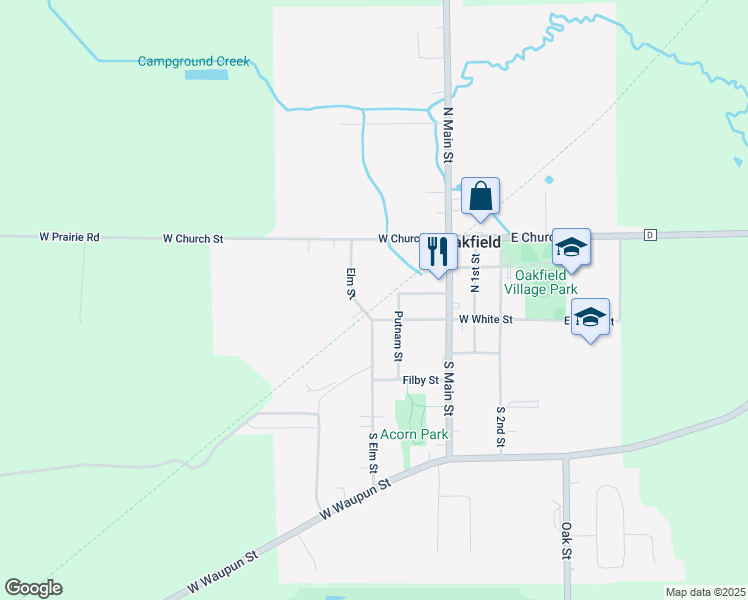 map of restaurants, bars, coffee shops, grocery stores, and more near 115 Elm Street in Oakfield