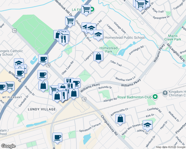 map of restaurants, bars, coffee shops, grocery stores, and more near 2 Loggers Lane in Brampton
