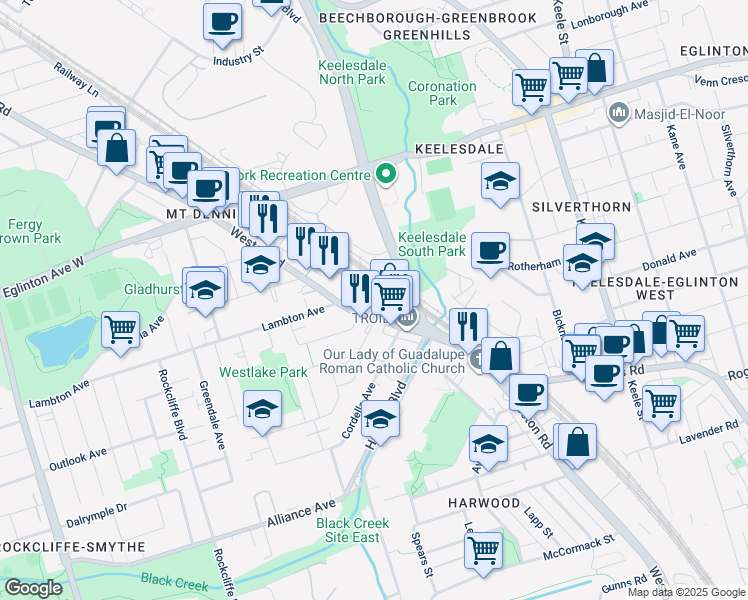 map of restaurants, bars, coffee shops, grocery stores, and more near 935 Weston Road in Toronto