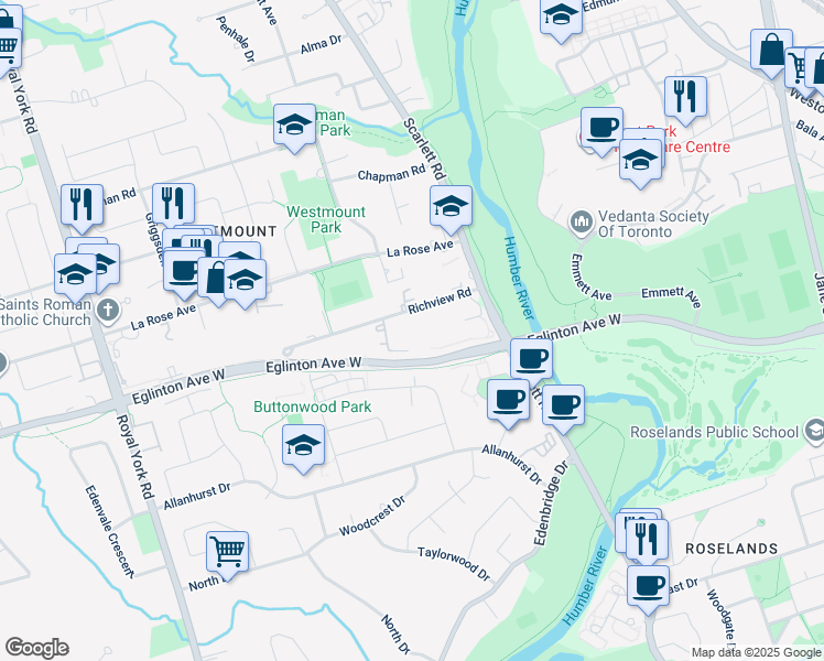 map of restaurants, bars, coffee shops, grocery stores, and more near 39 Richview Road in Toronto