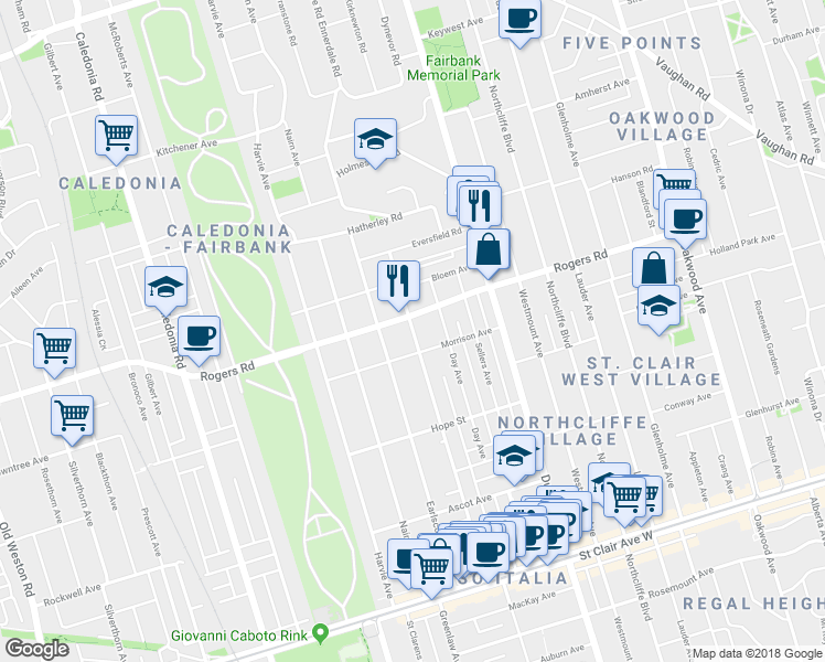 map of restaurants, bars, coffee shops, grocery stores, and more near 270 Boon Avenue in Toronto