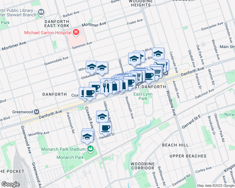 map of restaurants, bars, coffee shops, grocery stores, and more near Danforth Ave & Bastedo Ave in Toronto