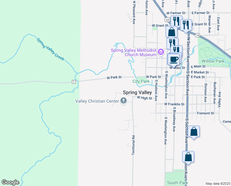 map of restaurants, bars, coffee shops, grocery stores, and more near 525 West High Street in Spring Valley