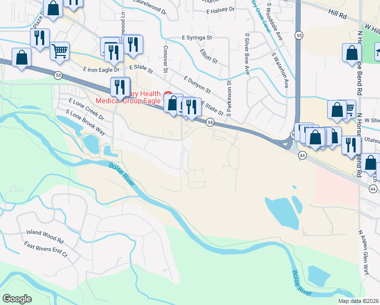 map of restaurants, bars, coffee shops, grocery stores, and more near 2120 East Riverside Drive in Eagle