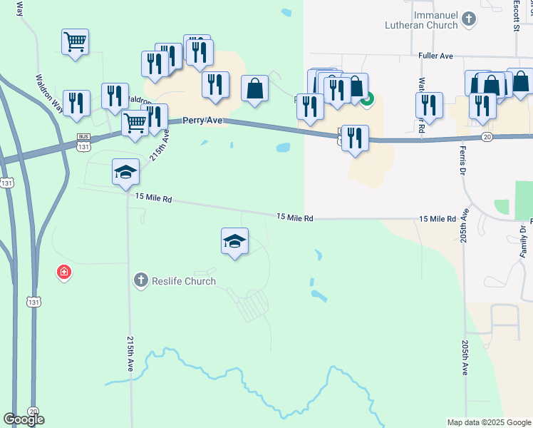 map of restaurants, bars, coffee shops, grocery stores, and more near 21119 15 Mile Road in Big Rapids