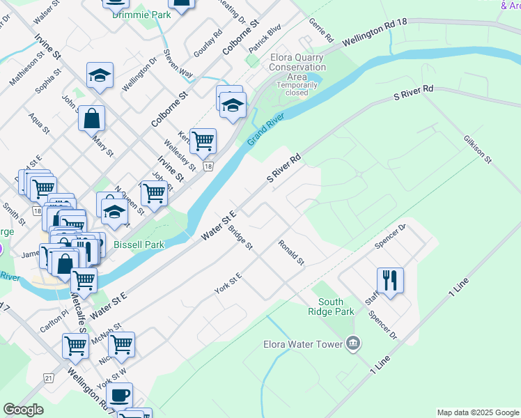 map of restaurants, bars, coffee shops, grocery stores, and more near 11 Cutting Drive in Elora