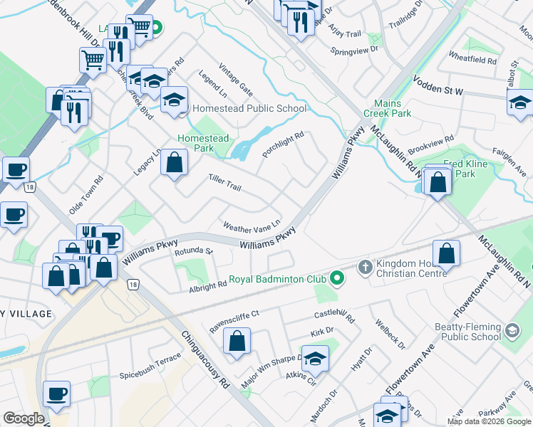 map of restaurants, bars, coffee shops, grocery stores, and more near 6 Binder Twine Trail in Brampton