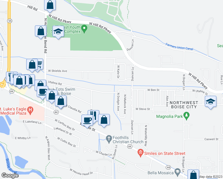 map of restaurants, bars, coffee shops, grocery stores, and more near 9610 West Ben Street in Boise