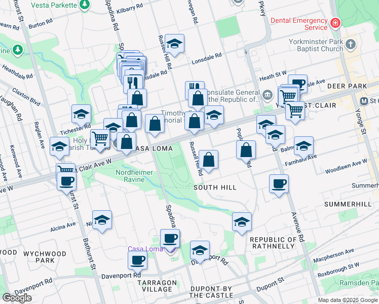 map of restaurants, bars, coffee shops, grocery stores, and more near 254 Russell Hill Road in Toronto