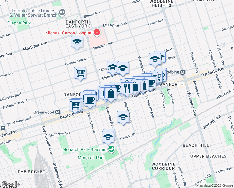 map of restaurants, bars, coffee shops, grocery stores, and more near 371 Strathmore Boulevard in Toronto