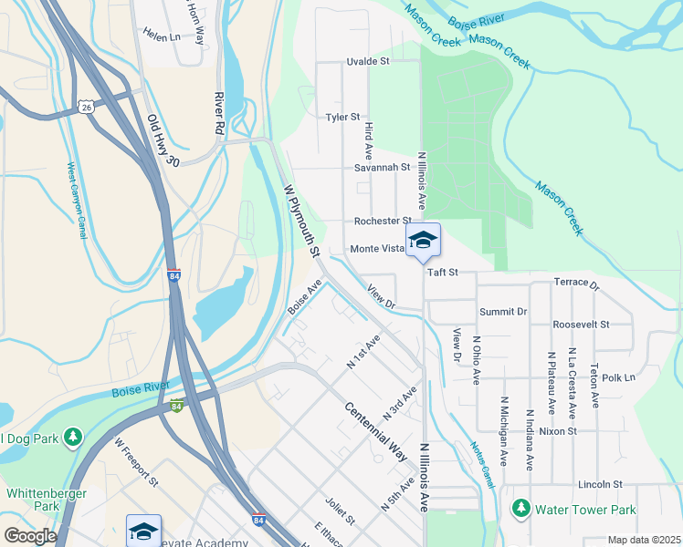 map of restaurants, bars, coffee shops, grocery stores, and more near 320 West Plymouth Street in Caldwell