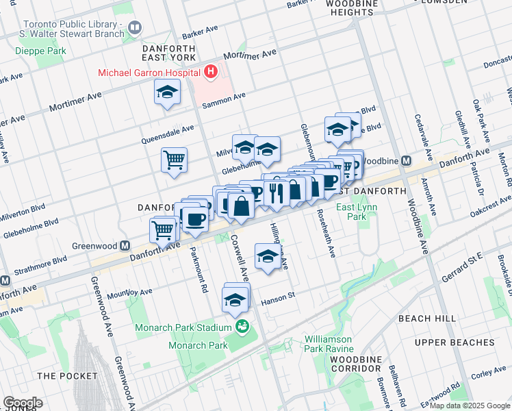 map of restaurants, bars, coffee shops, grocery stores, and more near 373 Strathmore Boulevard in Toronto