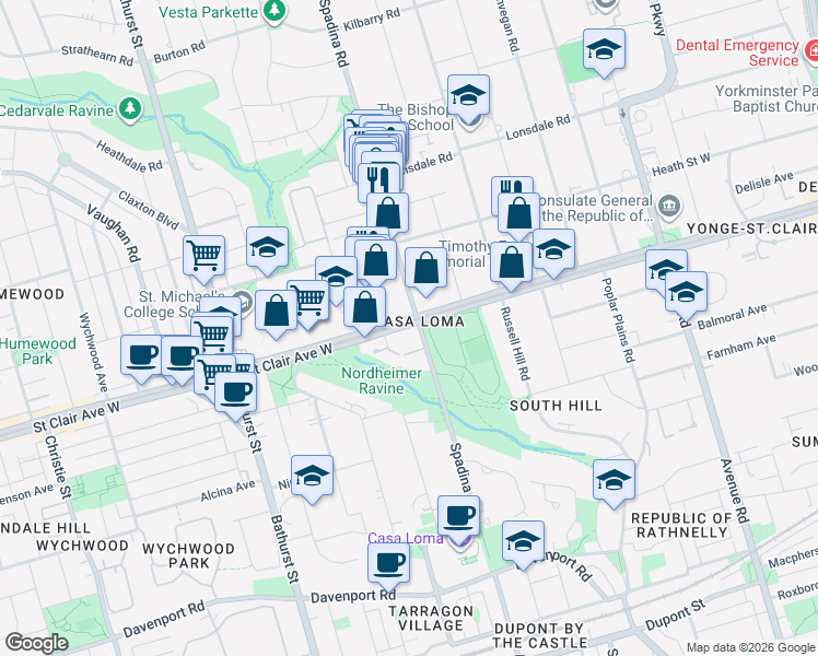 map of restaurants, bars, coffee shops, grocery stores, and more near 341 Saint Clair Avenue West in Toronto