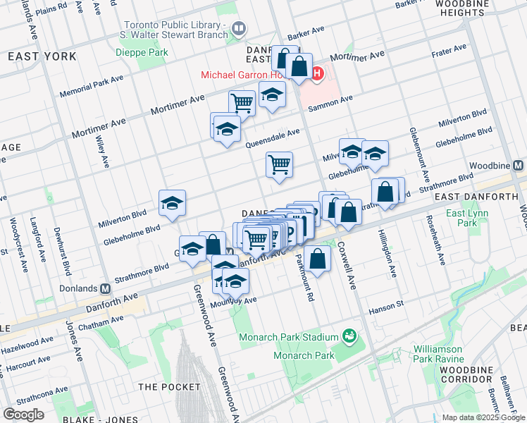 map of restaurants, bars, coffee shops, grocery stores, and more near 170 Monarch Park Avenue in Toronto