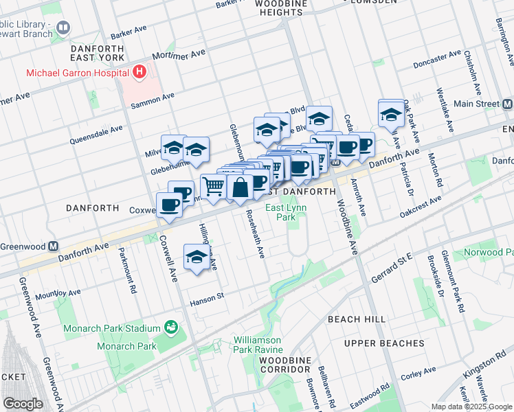 map of restaurants, bars, coffee shops, grocery stores, and more near 1855 Danforth Avenue in Toronto