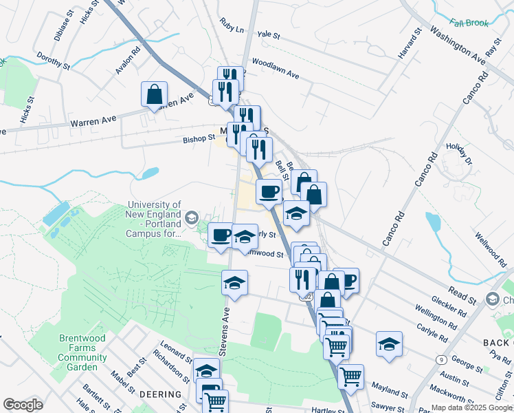 map of restaurants, bars, coffee shops, grocery stores, and more near 777 Stevens Avenue in Portland